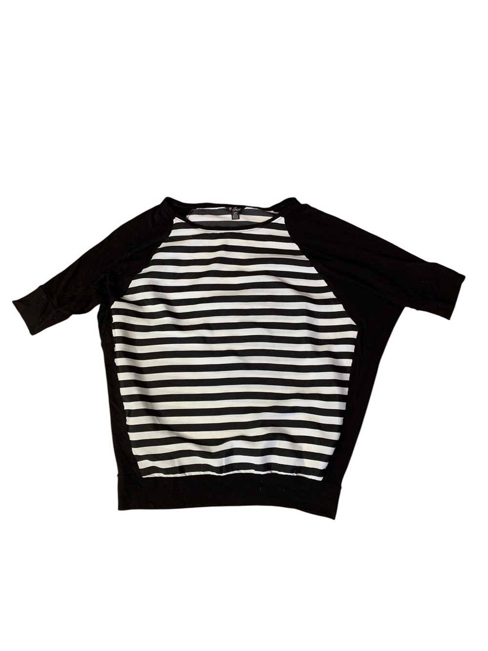 GUESS Black & White Striped Mixed Media Raglan Top - Small - 3/4 Sleeve